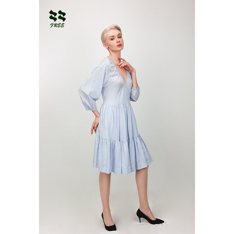 Light Blue Casual Wrap Beach Dresses With Long Sleeves